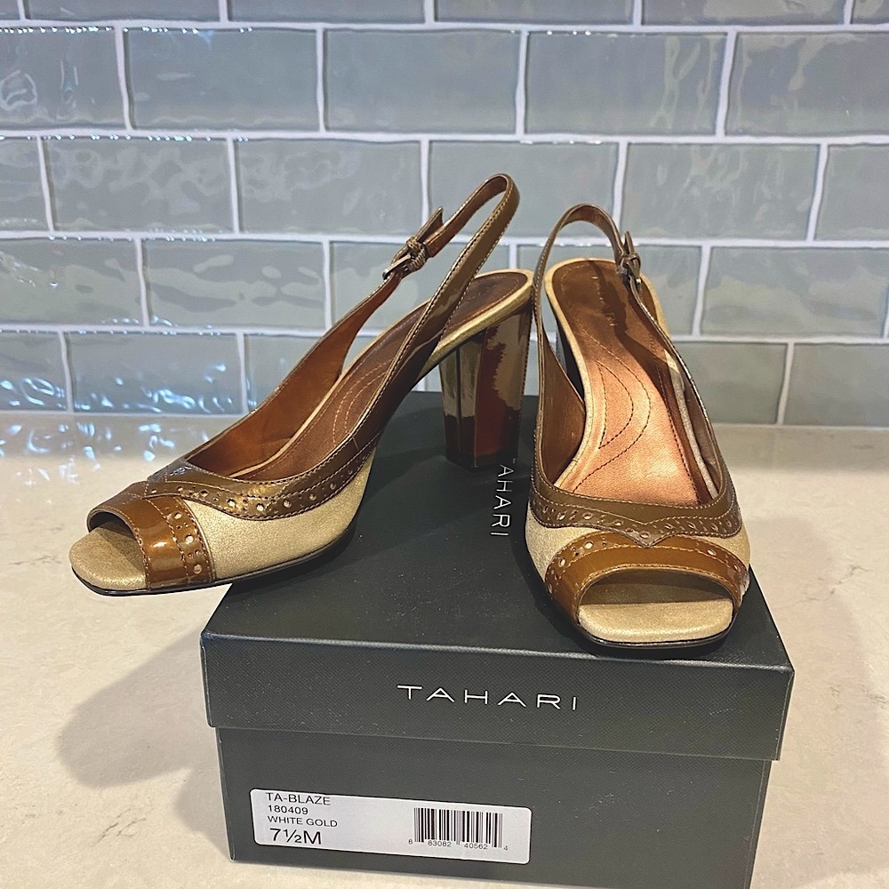 Tahari White Gold and Brown sling back Open Toe Heel Size 7.5 M